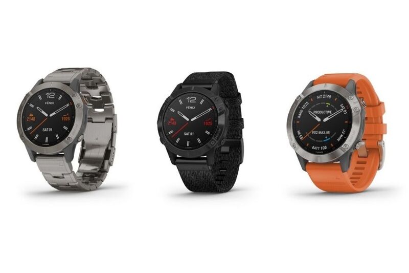 Man sieht die Garmin Fenix 6 mit verschiedenen Armbändern.